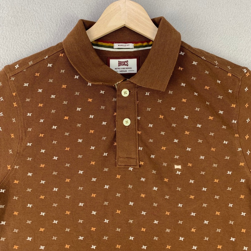 Basics Muscle Fit Polo Shirt Mens Medium Brown Preppy Retro‎ Monogram Y2K